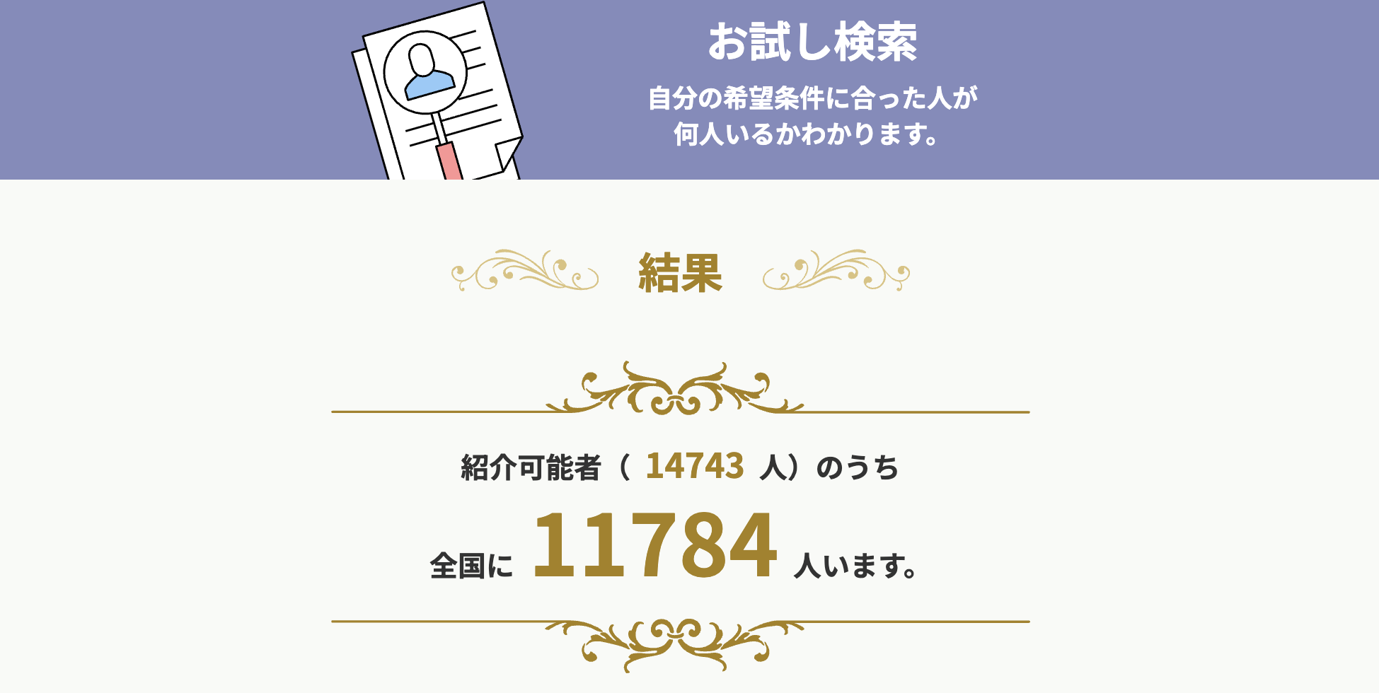 エン婚活お試し検索の結果（希望条件に合う人数）